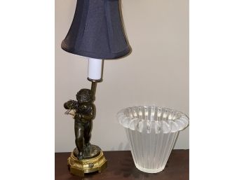 Pretty Lalique BowlVase And Small Bronze Lamp Of Cupid Playing The Triangle