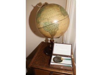 Replogle Globe, Made In USA, Genuine Leather Globe, PLUS Magnifying Glass And Letter Opener In Gift Box.