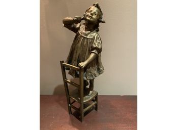 Heavy Signed Bronze Statue Of Girl Standing On Chair