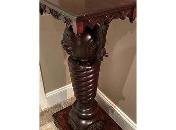 Antique Carved Wood Pedestal With The North Wind On Front.  Beautiful Turned Base