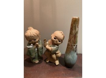 Daum  Vase And 2 Ceramic Figurines Probably Japanese In Matt Clay