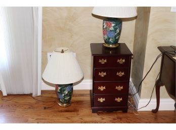 Pair Of Floral Motif Porcelain Lamps And Small Wood File Cabinet