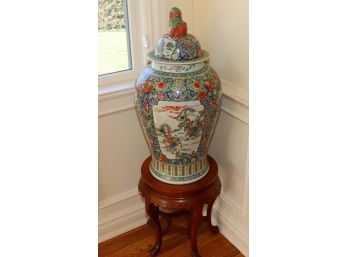 Large Chinese Oversized Vase And Small Stand With Cloissone Insert