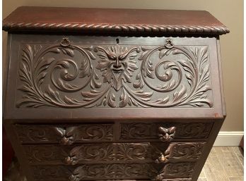 Antique North Wind Wood Secretary Desk Handcarved With North Wind And Gargoyles