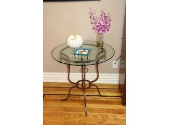 Round Metal And Glass Side Table With Decorative Candle In Metal Stand