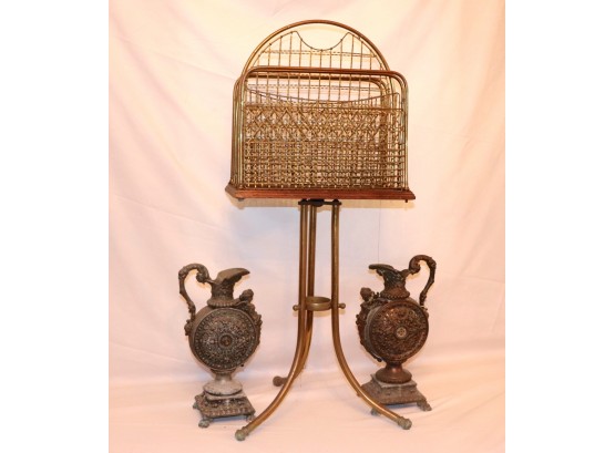 Antique Brass Wire Magazine Holder On Stand With Pair Of Heavy Metal Embellished Urns