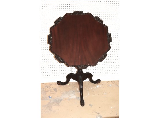 Vintage Mahogany Tilt Top Table With Hand Carved Details Along Border And Claw Feet
