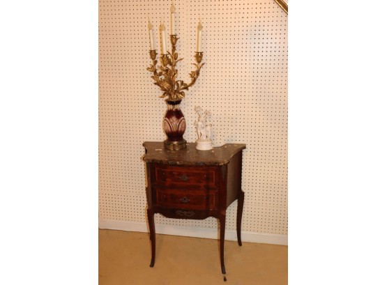 Antique French 2 Drawer Chest With Marble Top & Cranberry Bohemian Glass Lamp With Bronze Floral Branch Ar