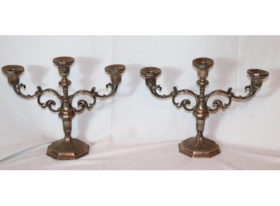 Pair Of Antique Double Arm English Weighted Sterling Silver Candlesticks With Scrolled Arms