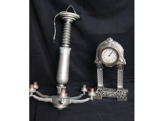 Machine Age Silver Metal 6 Light Chandelier With Interesting Stem & Vintage Table Clock From Germany