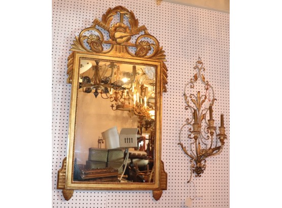 Gorgeous Gold Wood Mirror With Floral Harp Detail & Laurel Leaf Design, Includes Metal Sconce