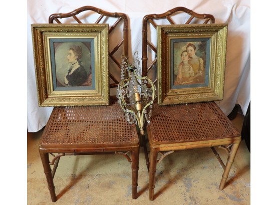 Wood Rattan Style Chairs With Caned Seats, Antique Style Prints In Carved Frames & Glass Beaded Chandelier