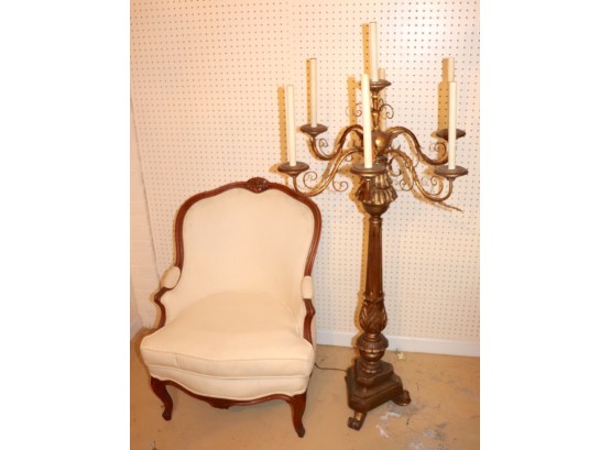 Italian Gilded Wood Candelabra Floor Lamp With 7 Lights And French Style Arm Chair