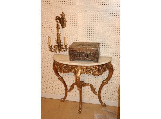 DemiLune Carved Gilded Wood Table With Marble Top Includes Hanging Brass Wall Sconce & Trinket Box