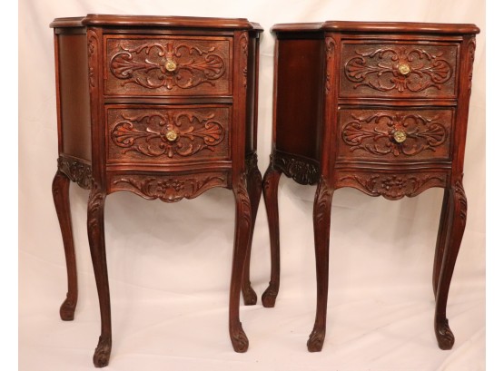 Pair Of Vintage French Style Walnut Wood End Tables, Nightstands With Two Drawers