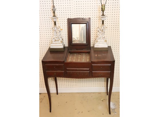 Antique Vanity Dressing Table With Lift Up Mirror & Matching Pair Of Asian Style Porcelain Lamps