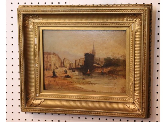 Antique Oil Painting On Wood With Original Frame Featuring 19th Century Landscape