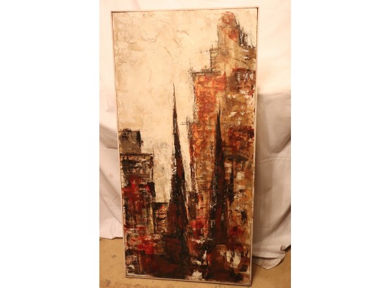 Signed Mid Century Modern Oil Painting Of Abstract Style City Scene