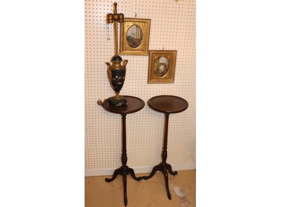 Pair Of Mahogany Pedestals Plant Stands With Antique Marble Urn As Lamp With 2 Small Prints Of Ancient Rui
