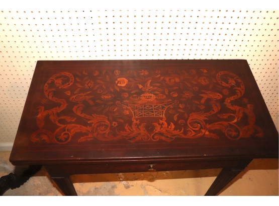 Antique Inlaid Marquetry Top Card Table With Inlaid Drawer And Border On Interior