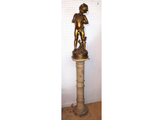 Antique Marble Pedestal & Gilded Collection Francaise U.S.A Metal Statue Of A Boy Playing A Lute