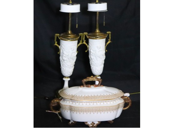 Vintage White Bisque Urn Shaped Lamps With Cavorting Cherubs & Royal Worcester Tureen