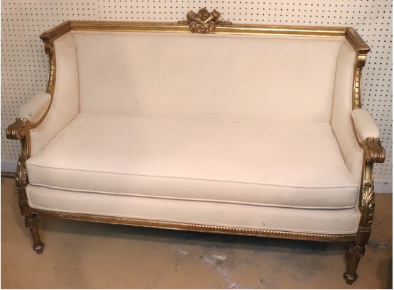 Vintage Empire Style French Loveseat With Gold Wood Frame And Muslin Upholstery