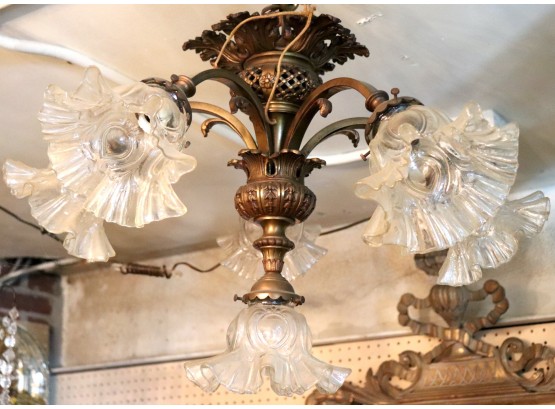 Gorgeous Vintage Pendant Light Ca. 1920's With 6 Frilly Glass Shades On Downlights