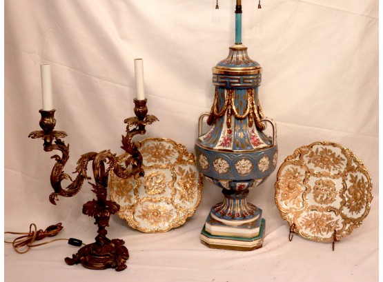 Pair Of Gold Hand Painted Porcelain Plates By Meissen With Double Arm Bronze Candelabra Lamp