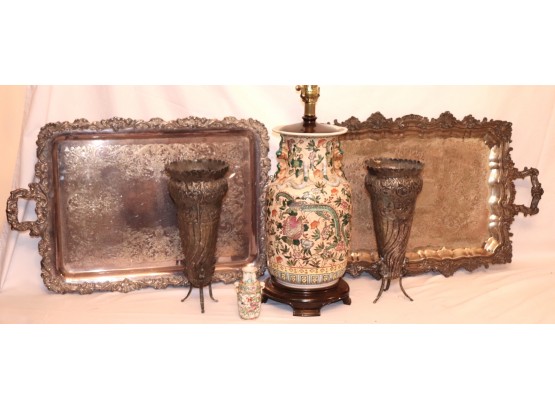 Vintage Hand Painted Lamp, Silver Plated Vases With Embossed Details & Silver On Copper Trays