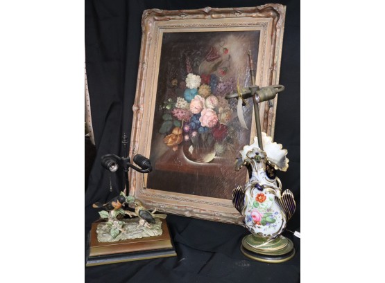 Antique Floral Still Life Oil Painting With Old Paris Porcelain Lamp & Bisque Porcelain Lamp With Birds