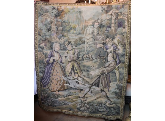Vintage Belgian Wall Tapestry Featuring An 18th Century French Scene With Court Nobles & Hunting Dogs