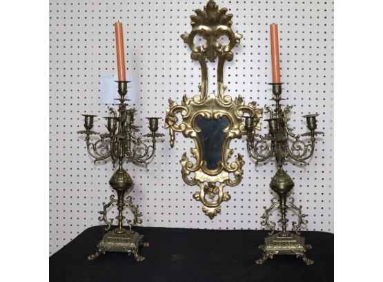 Pair Of Vintage Gold Tone Candelabras With Antique Style Gold Wood Mirror With Elongated Crown