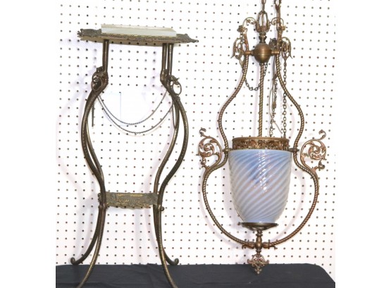 Antique Pedestal With Onyx Top & Dragon Head Detail & Victorian Pendant Chandelier With Swirled Glass