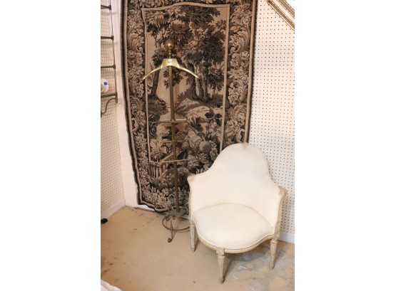 Mixed Lot Of Vintage Items Includes Brass Valet, Scenic Tapestry, And Light Wood Vanity Chair
