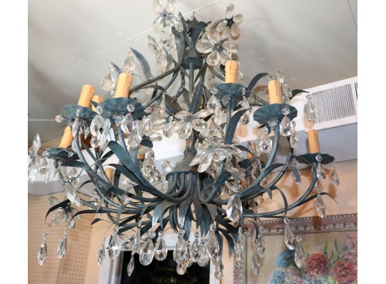 Elegant & Contemporary Feeling Crystal Chandelier With Green Patina Paint Finish And Crystal Flowers