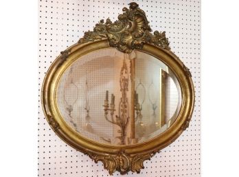 Antique Oval Shaped Wood & Gesso Beveled Mirror With Expressive Foliage Design