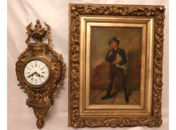Antique Portrait Of Charming Newsboy In Elaborate Gilded Gesso Frame & Heavy Ornate Bronze Wall Clock