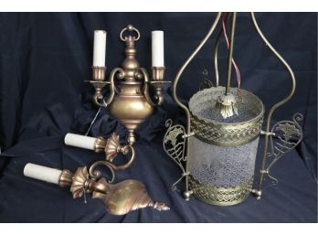Pair Of Shapely Brass Sconces With Candlestick Arms & Victorian Style Frosted Glass Pendant Light