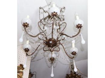 Antique 6 Light Chandelier With Milk Glass Tear Drop Crystals And Milk Glass Escutcheon