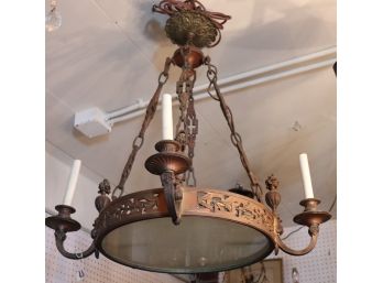 Early 20th Century Elegant Framed Chandelier With Original Frosted Glass Shade And 4 Lights