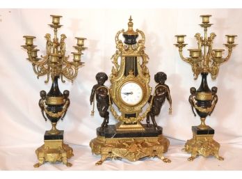 Quality Marble And Brass Reproduction Clock Garniture W Matching Candelabras Including Child Satyrs Detail