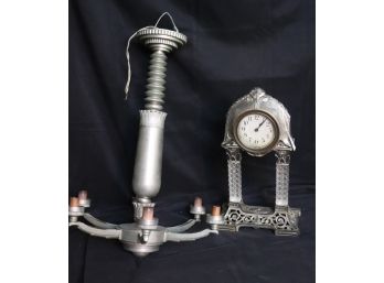 Machine Age Silver Metal 6 Light Chandelier With Interesting Stem & Vintage Table Clock From Germany