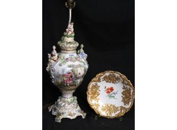 Antique Meissen Cabinet Plate With Elaborate Gold Detail & Large Porcelain Lamp