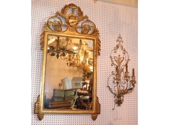 Gorgeous Gold Wood Mirror With Floral Harp Detail & Laurel Leaf Design, Includes Metal Sconce