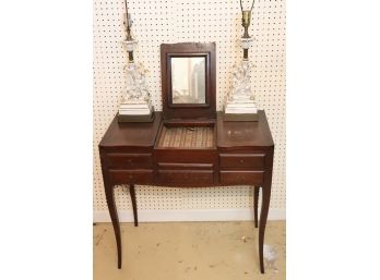 Antique Vanity Dressing Table With Lift Up Mirror & Matching Pair Of Asian Style Porcelain Lamps