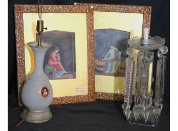 2 Watercolor Portraits Of Women In Ancient Pompeii In Gold Frames With Decorative Lamps