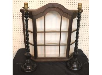 100.Vintage Hanging Wall Display Cabinet With Glass Paned Doors & Tall Barley Twist Table Lamps