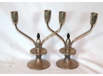 Pair Of Gorham Weighted Sterling Mid Century Modern Candlesticks With Double Arms & Torpedo Center