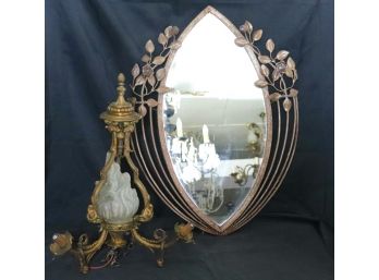 Art Nouveau Bronze Chandelier With Antique Painted Oval Mirror In Laurel Leaf Frame